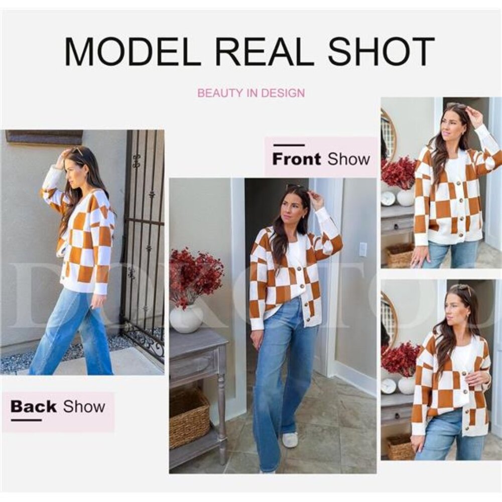 NEW Womens Plaid V Neck Button Down Long Sleeve Cable Knit Oversized Cardigan - Picture 4 of 6